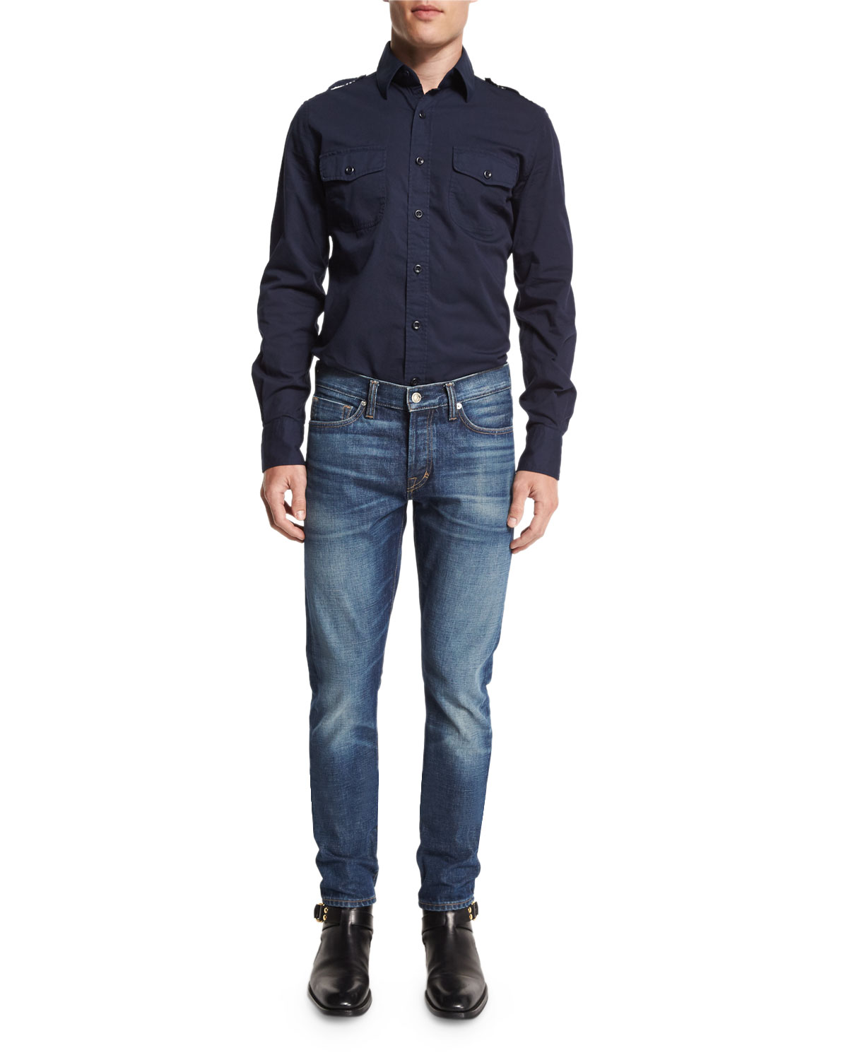 Slim-Fit High Low Selvedge Denim Jeans, Indigo