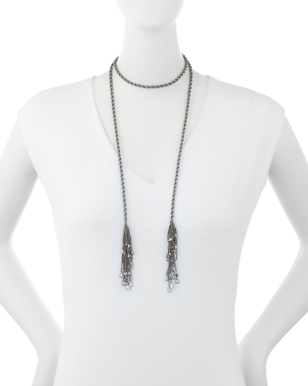 Sloan Long Tassel Necklace, Gray Metallic