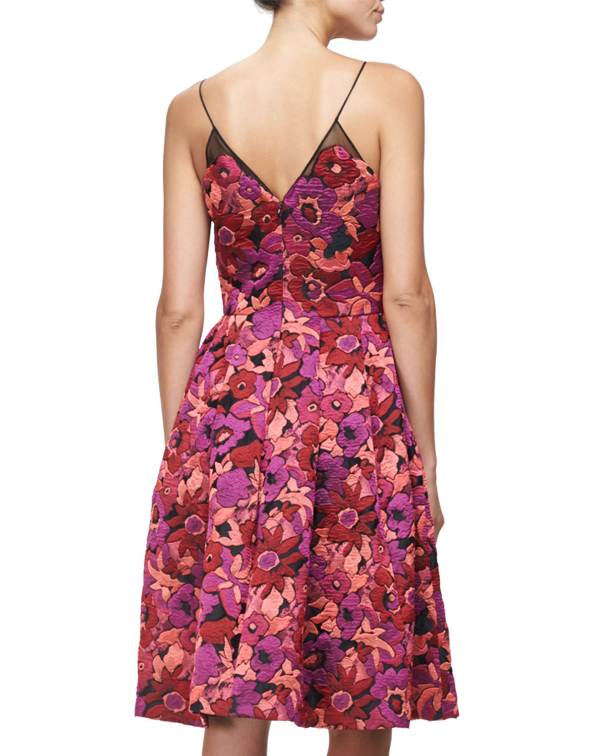 Floral Jacquard Fit-and-Flare Dress, Berry