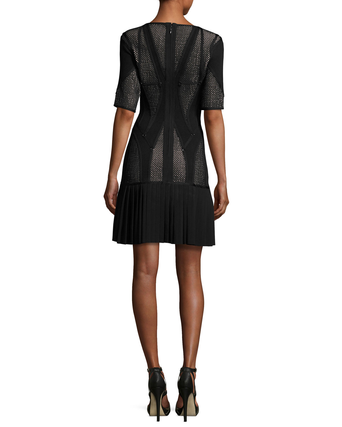 Half-Sleeve Mesh-Inset Drop-Waist Dress, Black/Combo