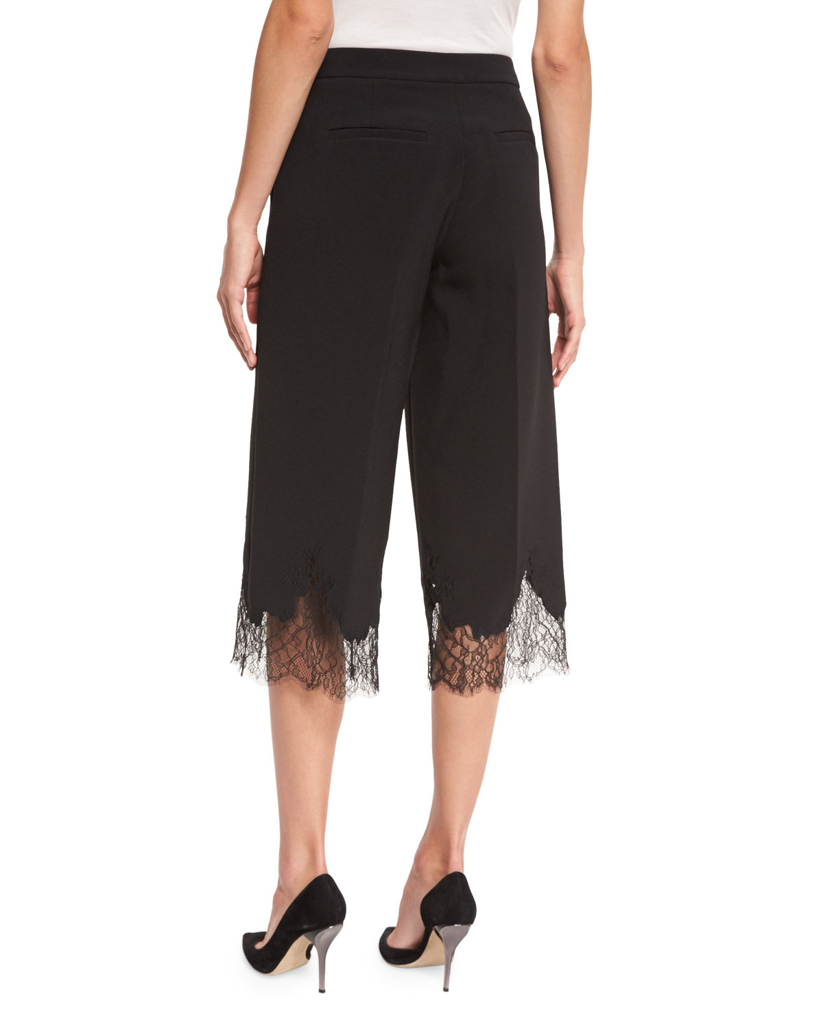 Lace-Trimmed Gaucho Pants, Black