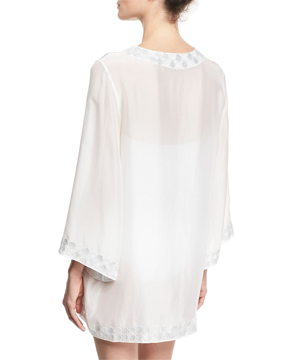 Embroidered Bell-Sleeve Silk Chiffon Tunic, White