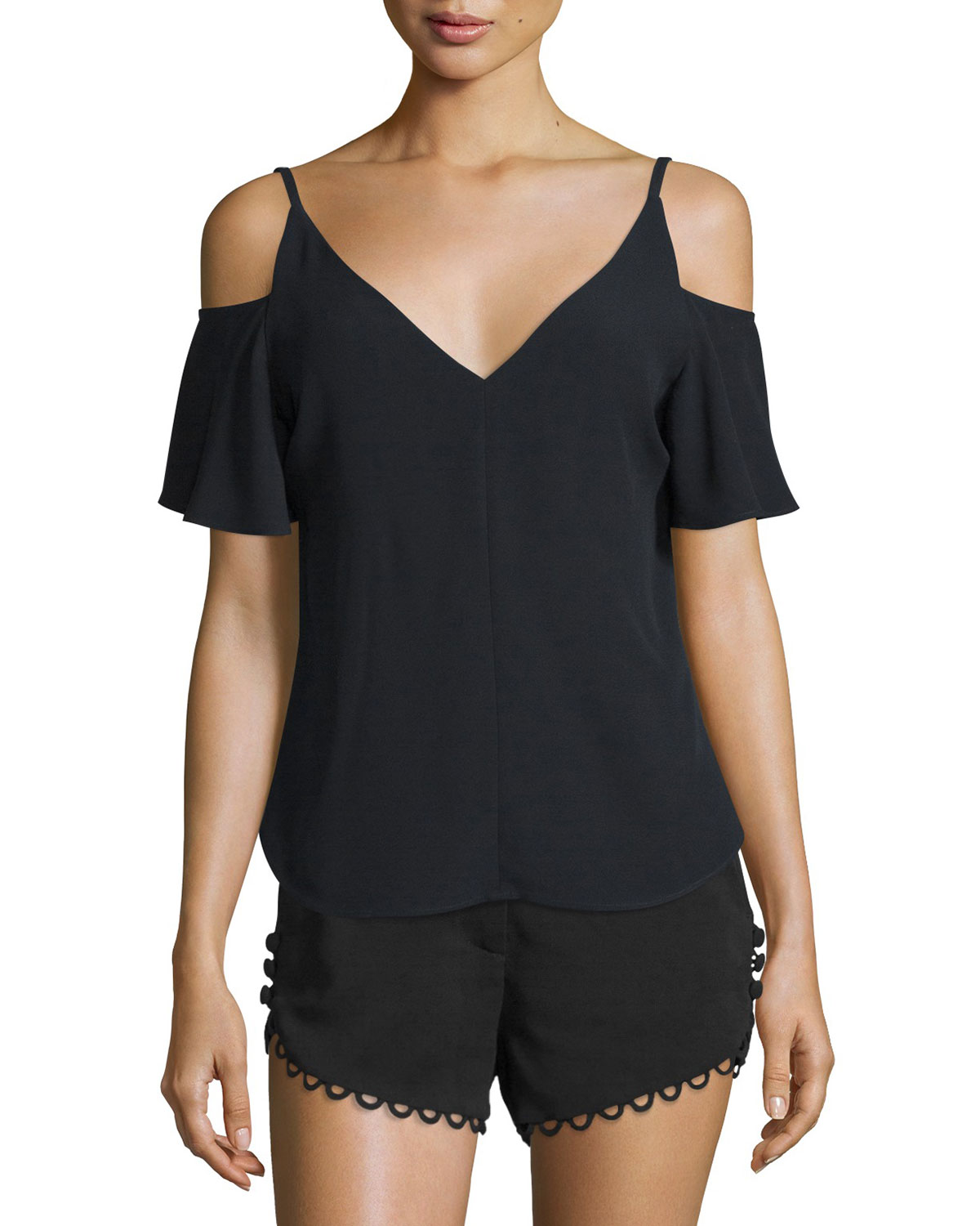 Lucas Scalloped Crepe Shorts, Black