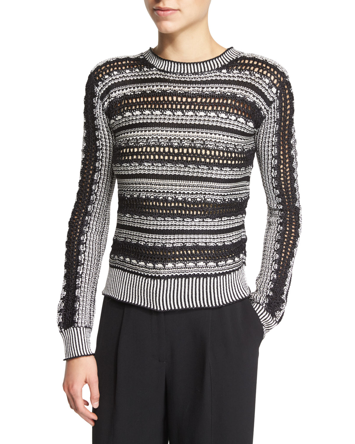 Long-Sleeve Crochet-Striped Sweater, Black/White