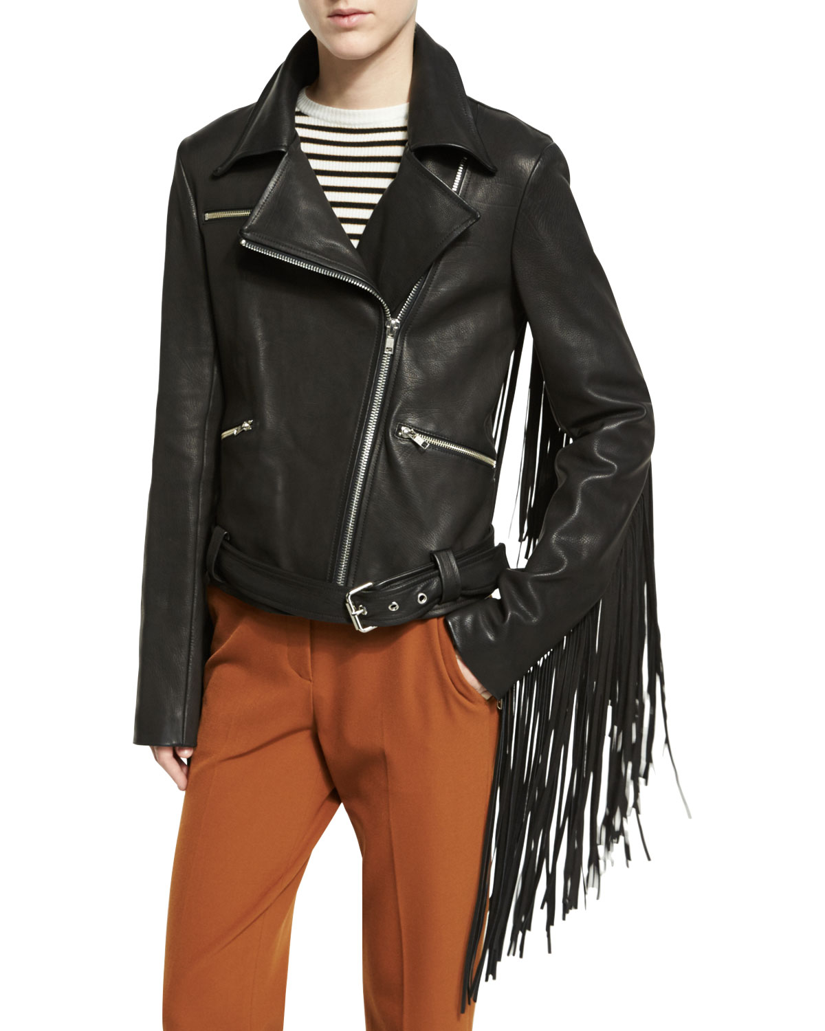 Charles Fringe Leather Moto Jacket, Black