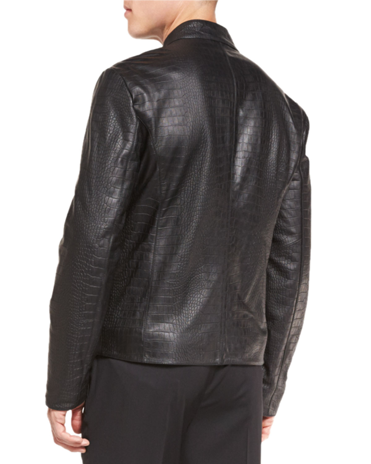 Crocodile-Embossed Leather Bomber Jacket, Black