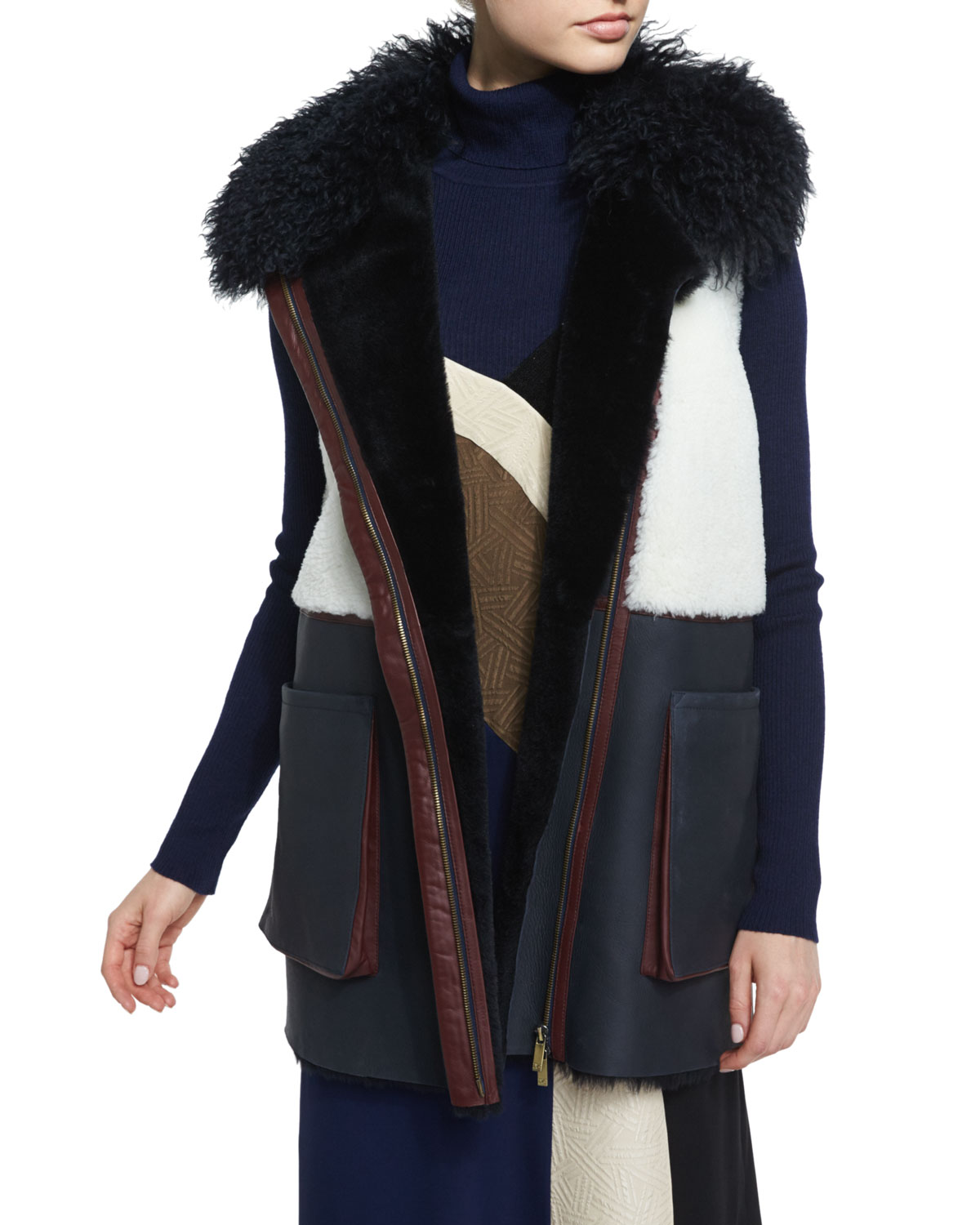 Lyle Colorblock Shearling Vest, Navy/White/Bordeaux