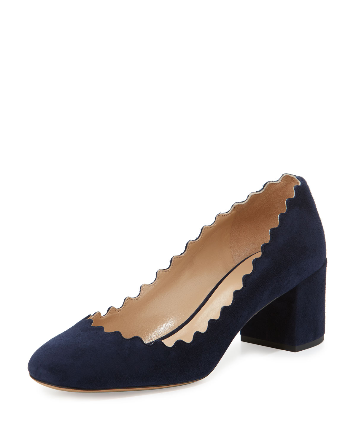 Lauren Scalloped Suede Block-Heel Pump