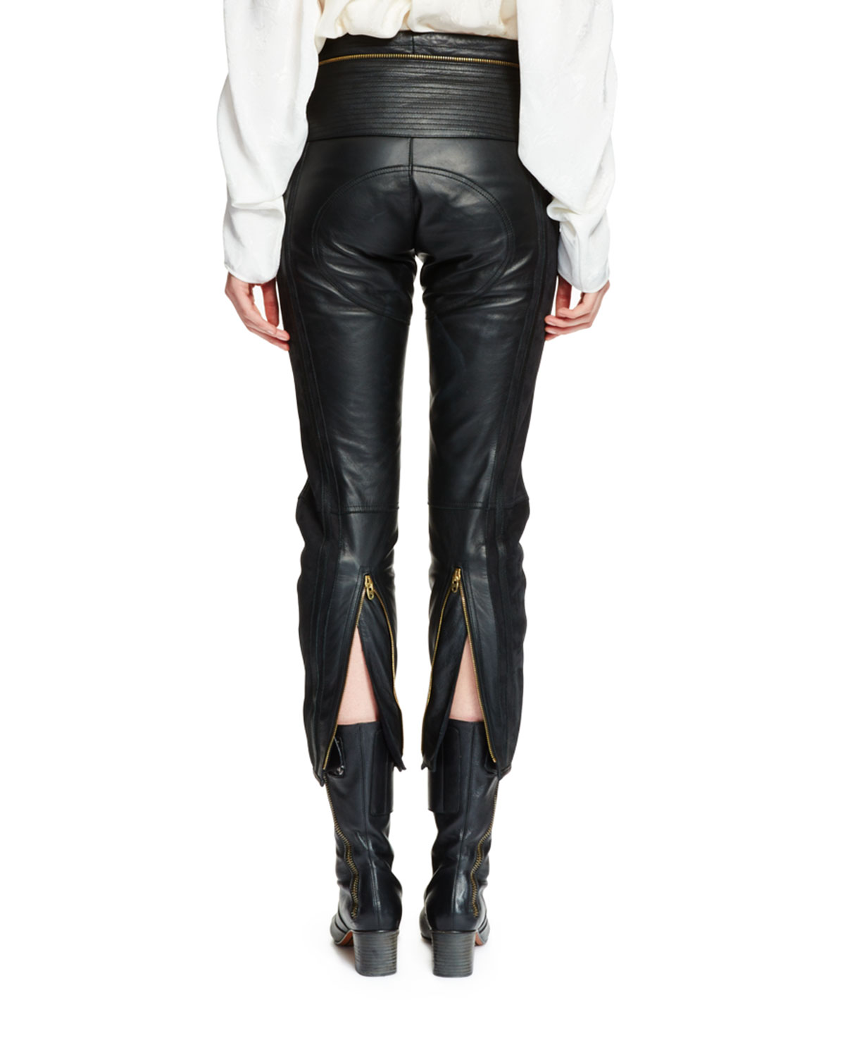 Cropped Leather & Suede Biker Pants, Black