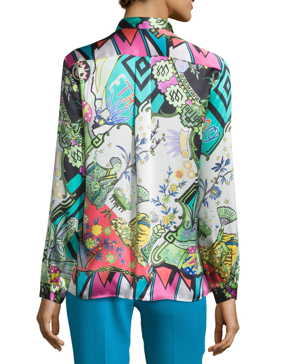 Arcade-Print Charmeuse Boxy Shirt, Green