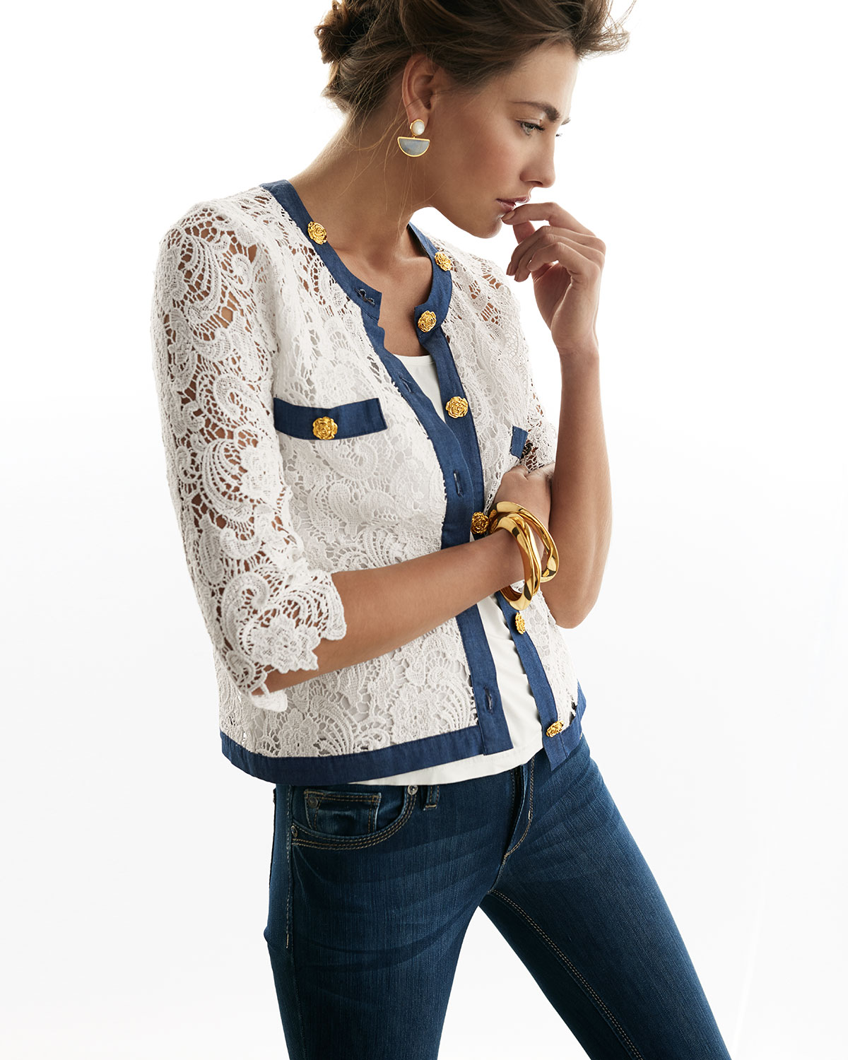 3/4-Sleeve Crochet Cardigan W/ Denim Trim 