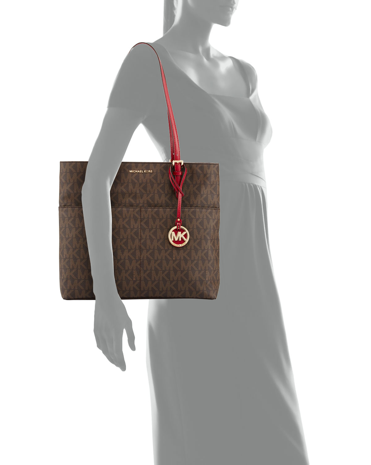 Bedford Large Logo Pocket Tote Bag, Brown/Cherry