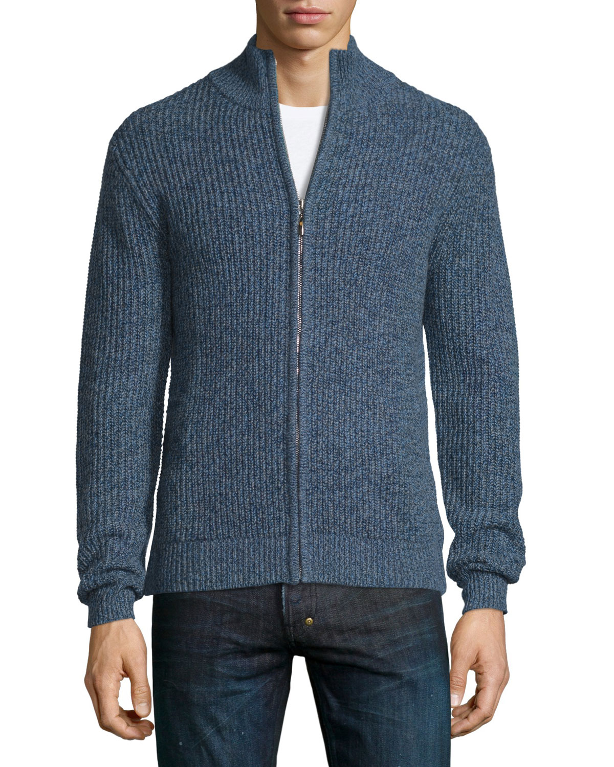 Marled Cashmere Full-Zip Bomber Cardigan