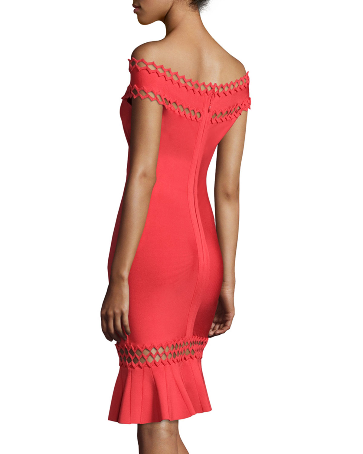 Off-The-Shoulder Cutout Flounce Dress, Coral Poppy