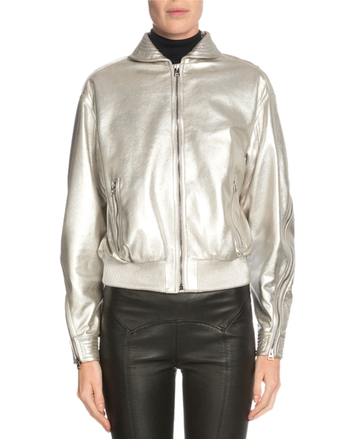 Zip-Front Metallic Jacket, Light Gray