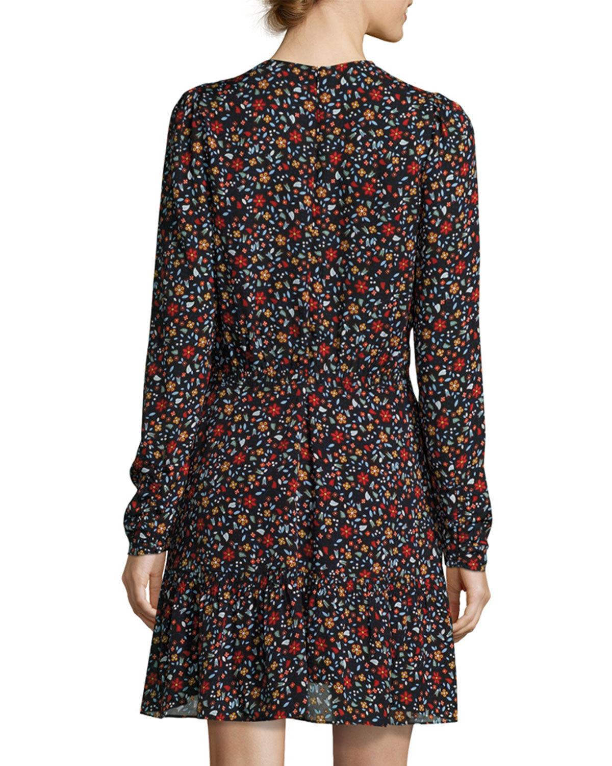 Renata Long-Sleeve Floral Silk Mini Dress, Black/Multicolor