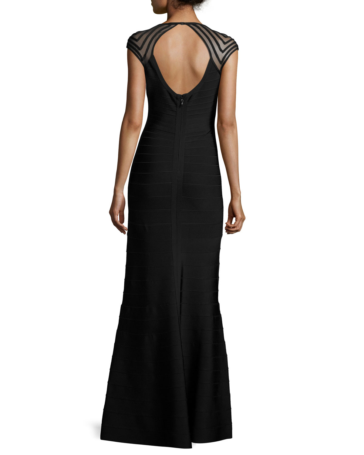 Cap-Sleeve Chevron Mesh Gown, Black