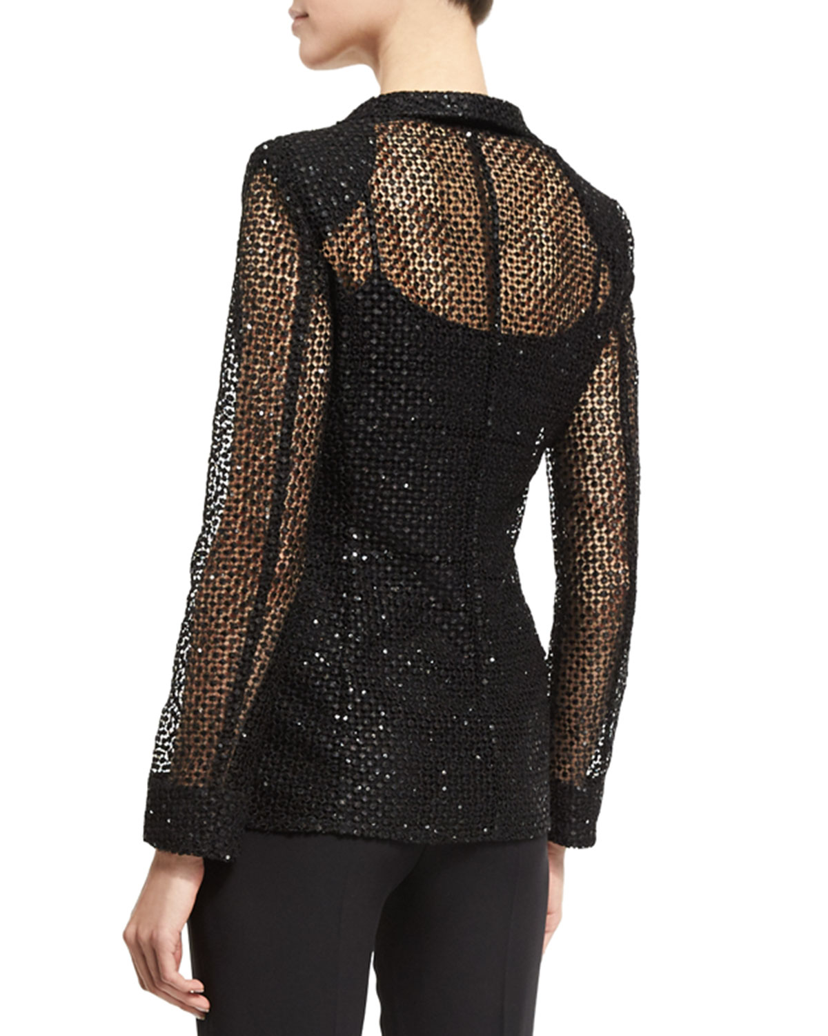 Embellished One-Button Macrame Jacket, Black