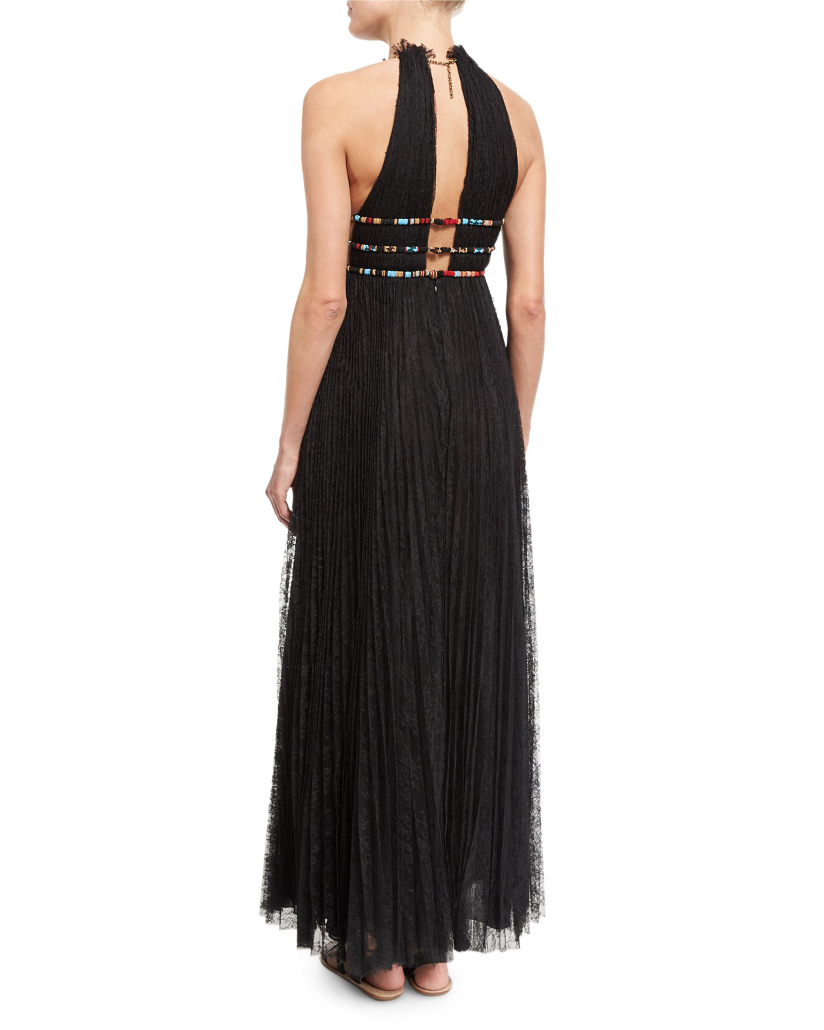 Halter-Neck Lace Gown W/Elephant Necklace, Black