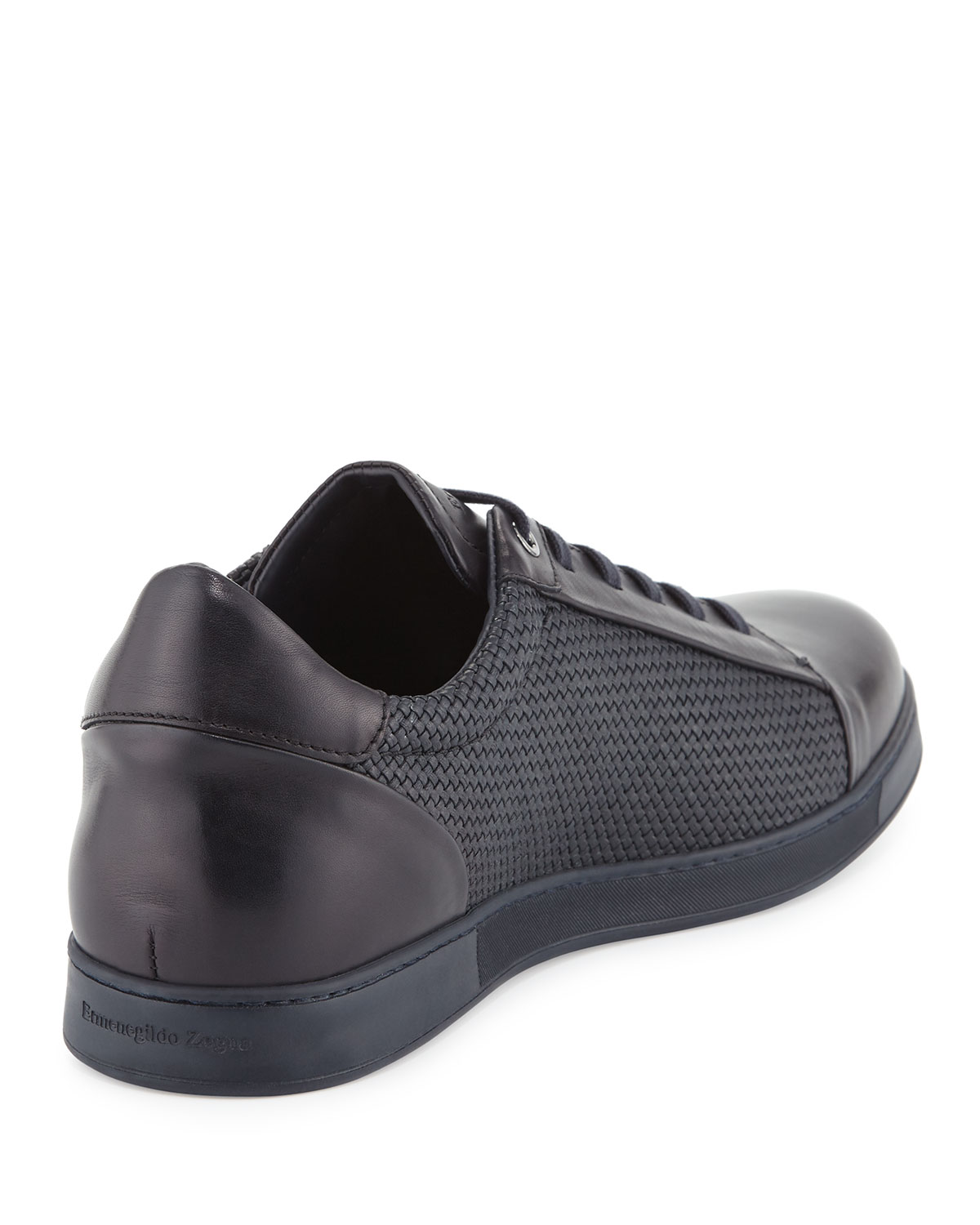 Pelle Tessuto Woven Leather Low-Top Sneaker, Navy