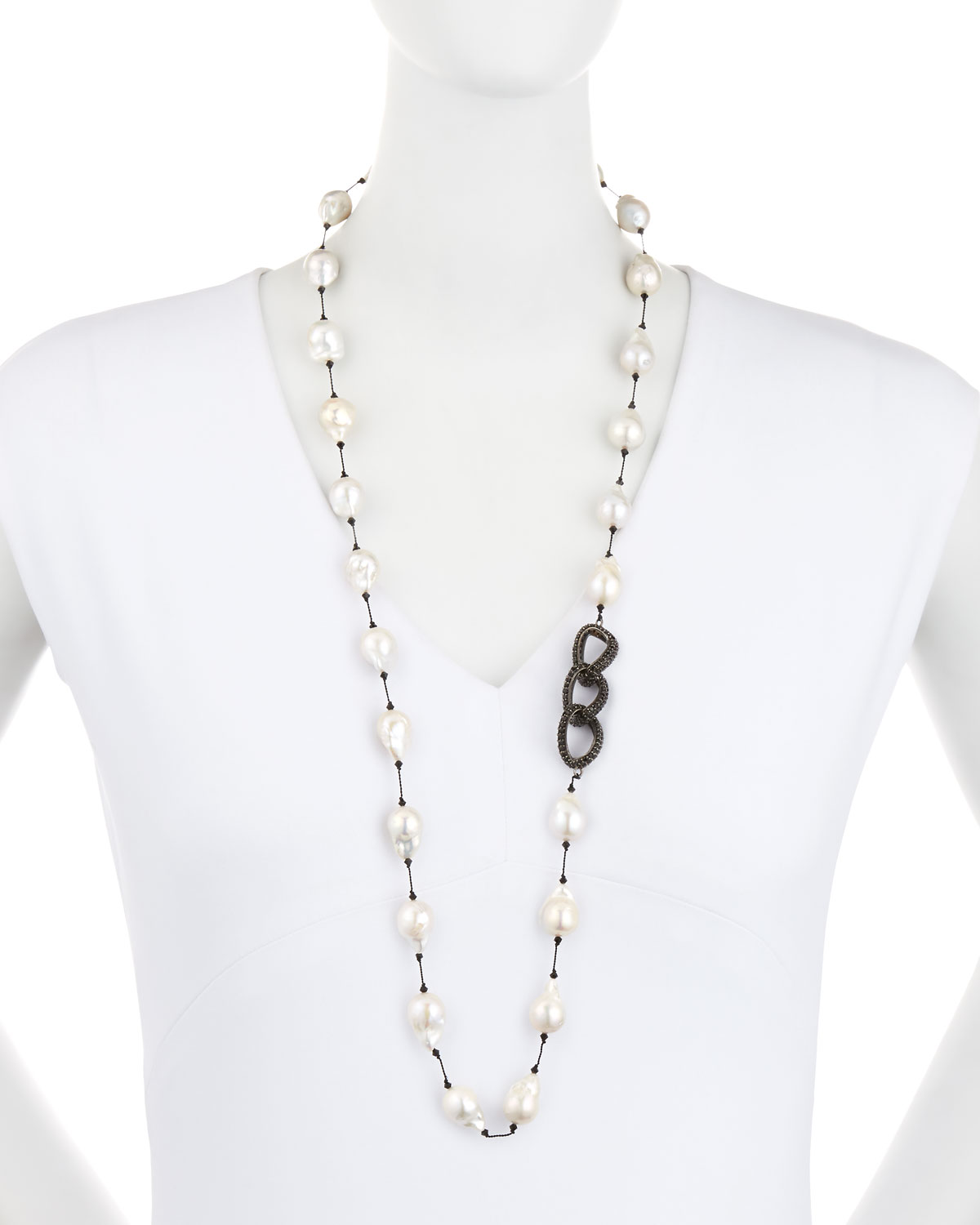 Baroque Pearl & Black Spinel Link Necklace, 35"