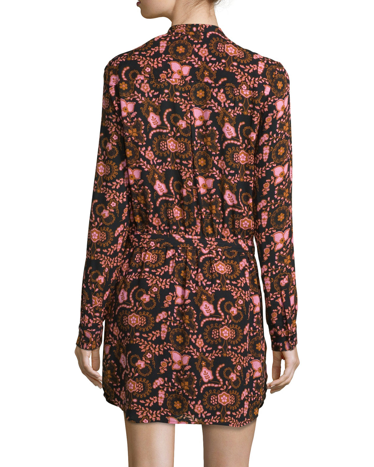 Sacha Long-Sleeve Floral Silk Dress, Henna/Black/Pink