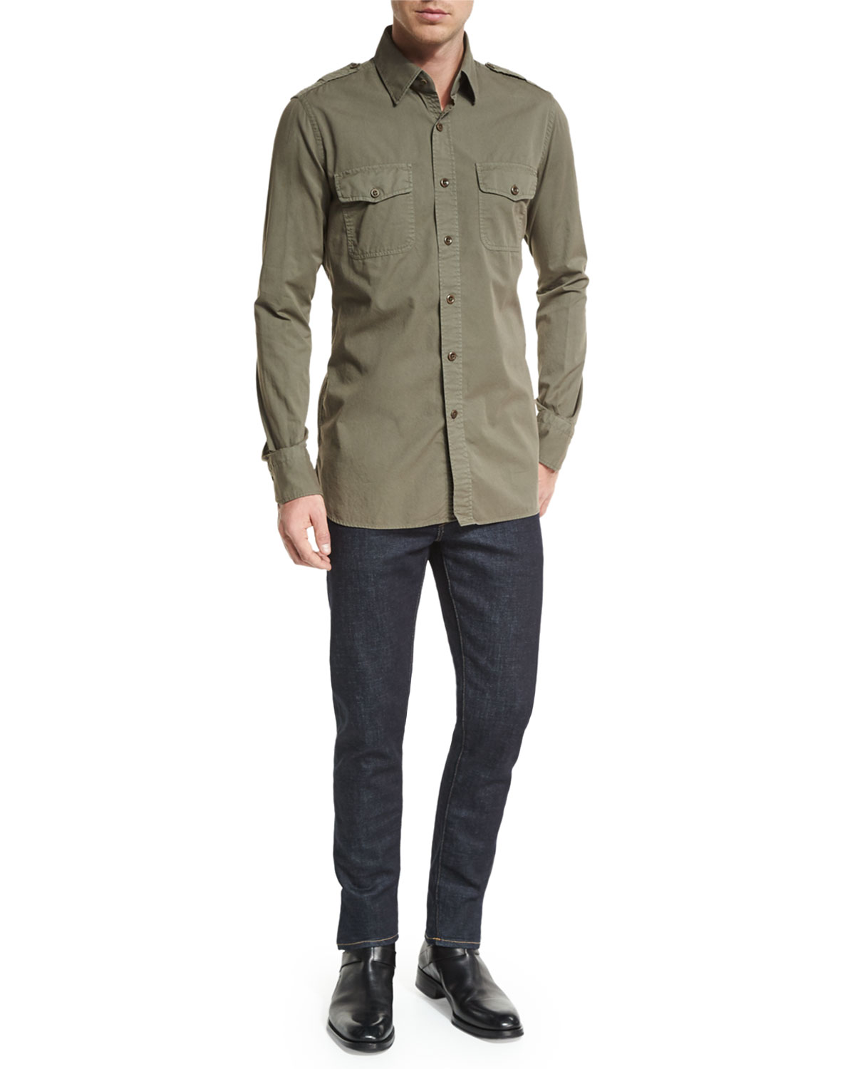 Military-Style Washed Twill Sport Shirt, Olive