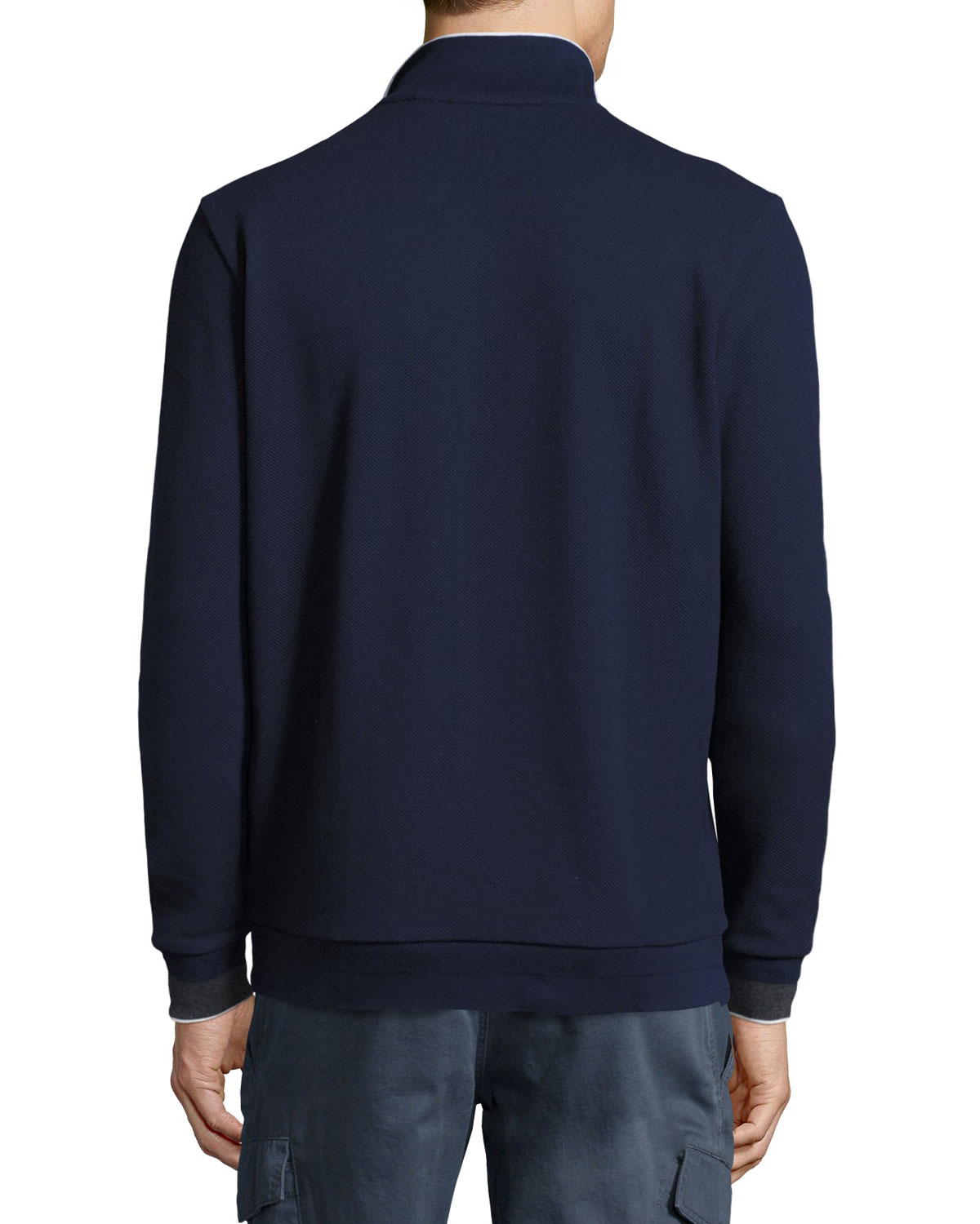 Semi-Fancy Piqué Front-Zip Sweater, Waterfall Blue/Navy