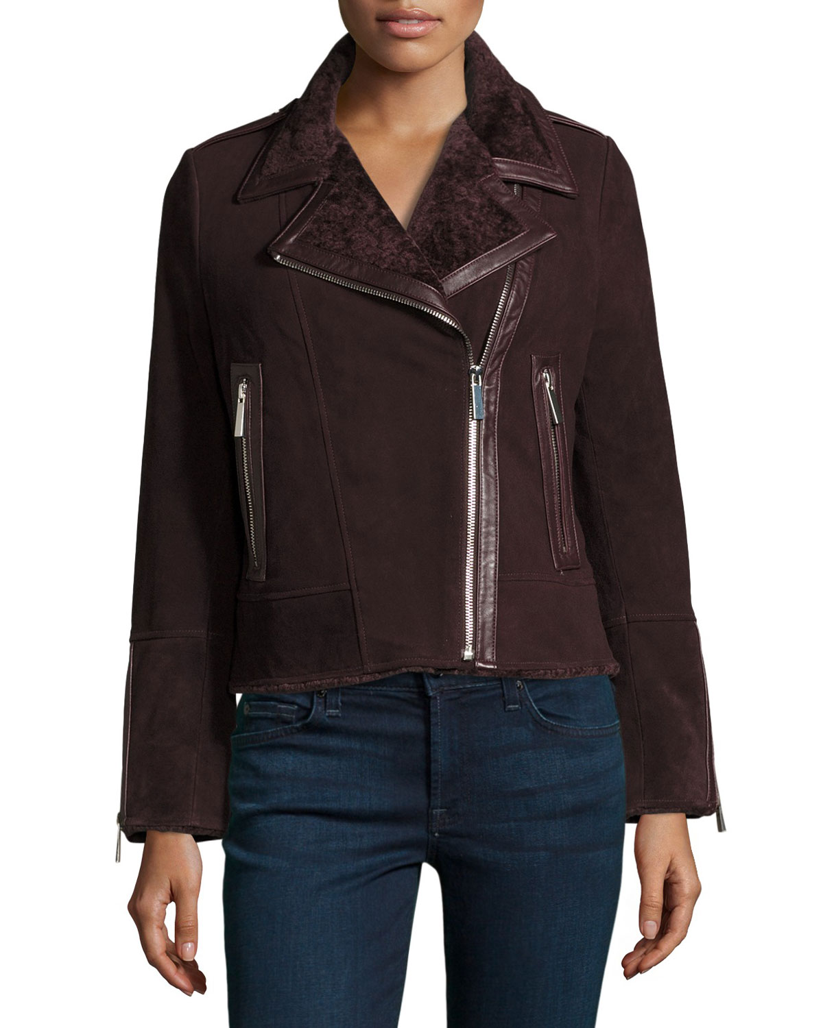 Suede Moto Jacket w/ Shearling Collar, Bordeaux