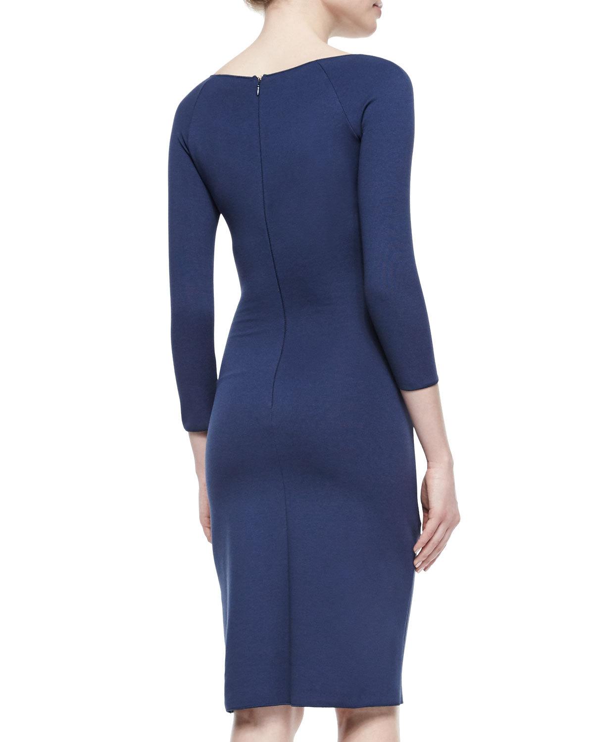 Bateau-Neck Side-Ruched Dress, Arles Blue