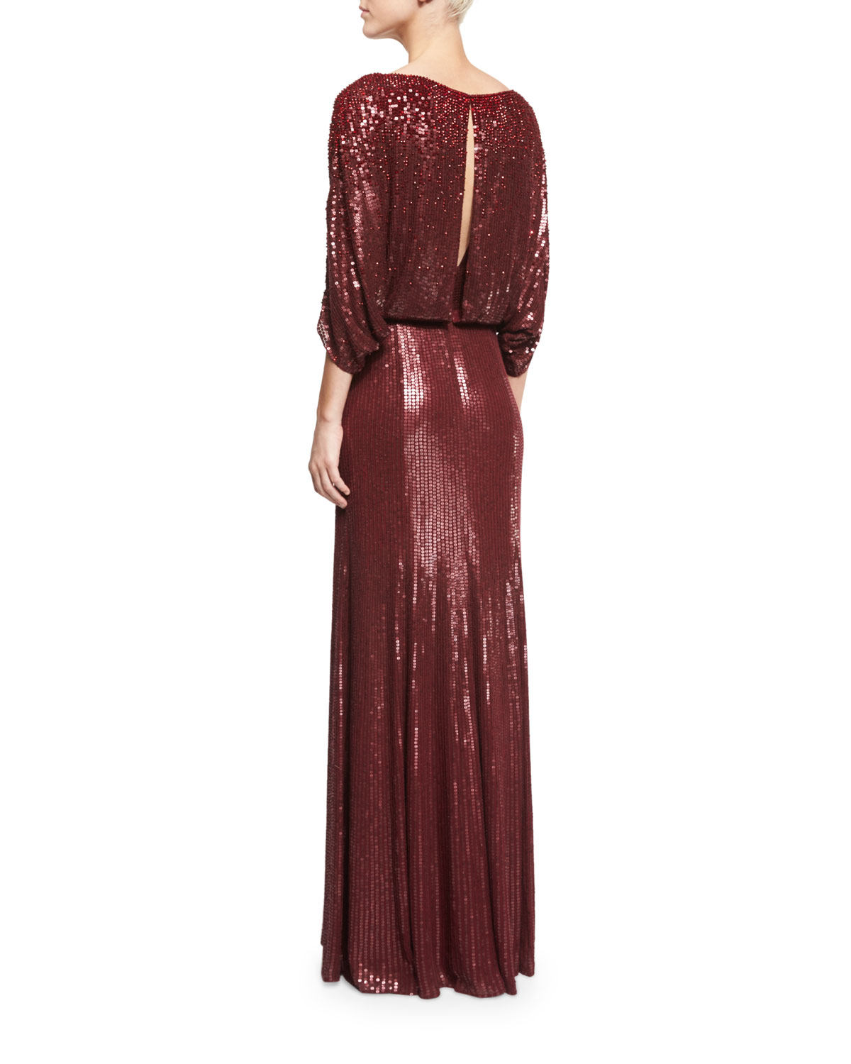 3/4-Sleeve Round-Neck Embellished Gown, Merlot