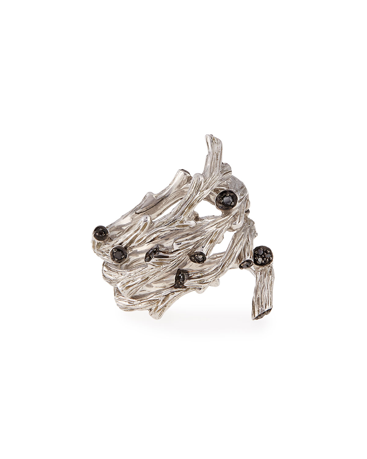 Twig Spiral Ring with Black Diamonds, Size 7