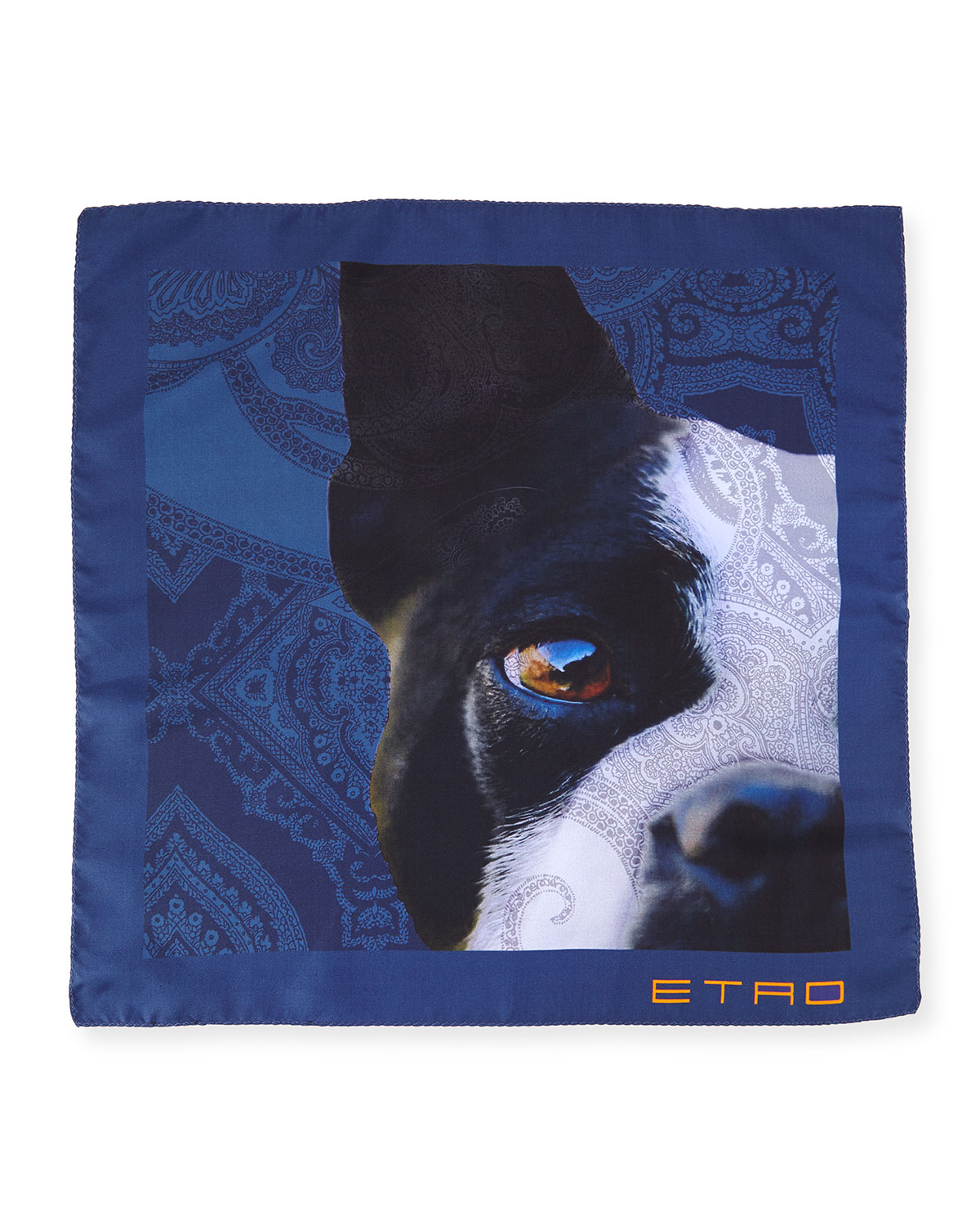 Silk French Bulldog-Print Pocket Square, Blue