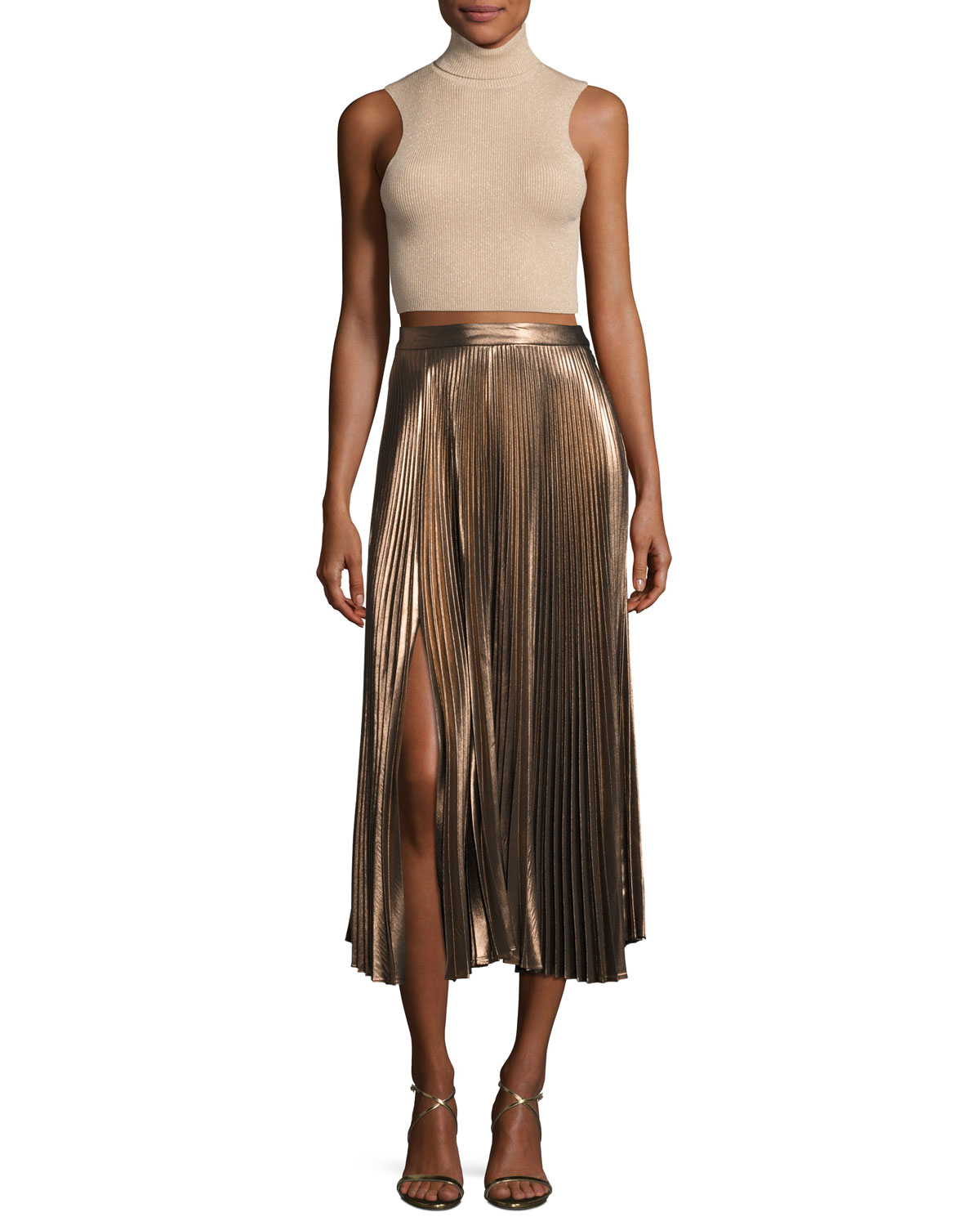 Presley Sleeveless Ribbed Metallic Crop Top, Bisque/Gold