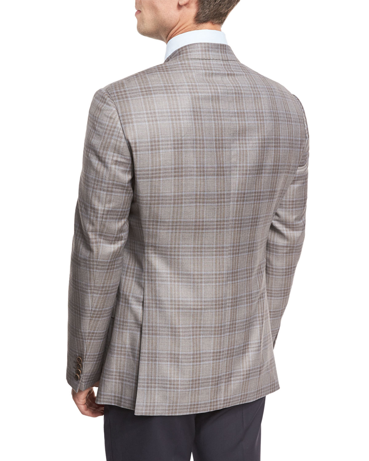 Plaid Two-Button Sport Coat, Tan/Blue