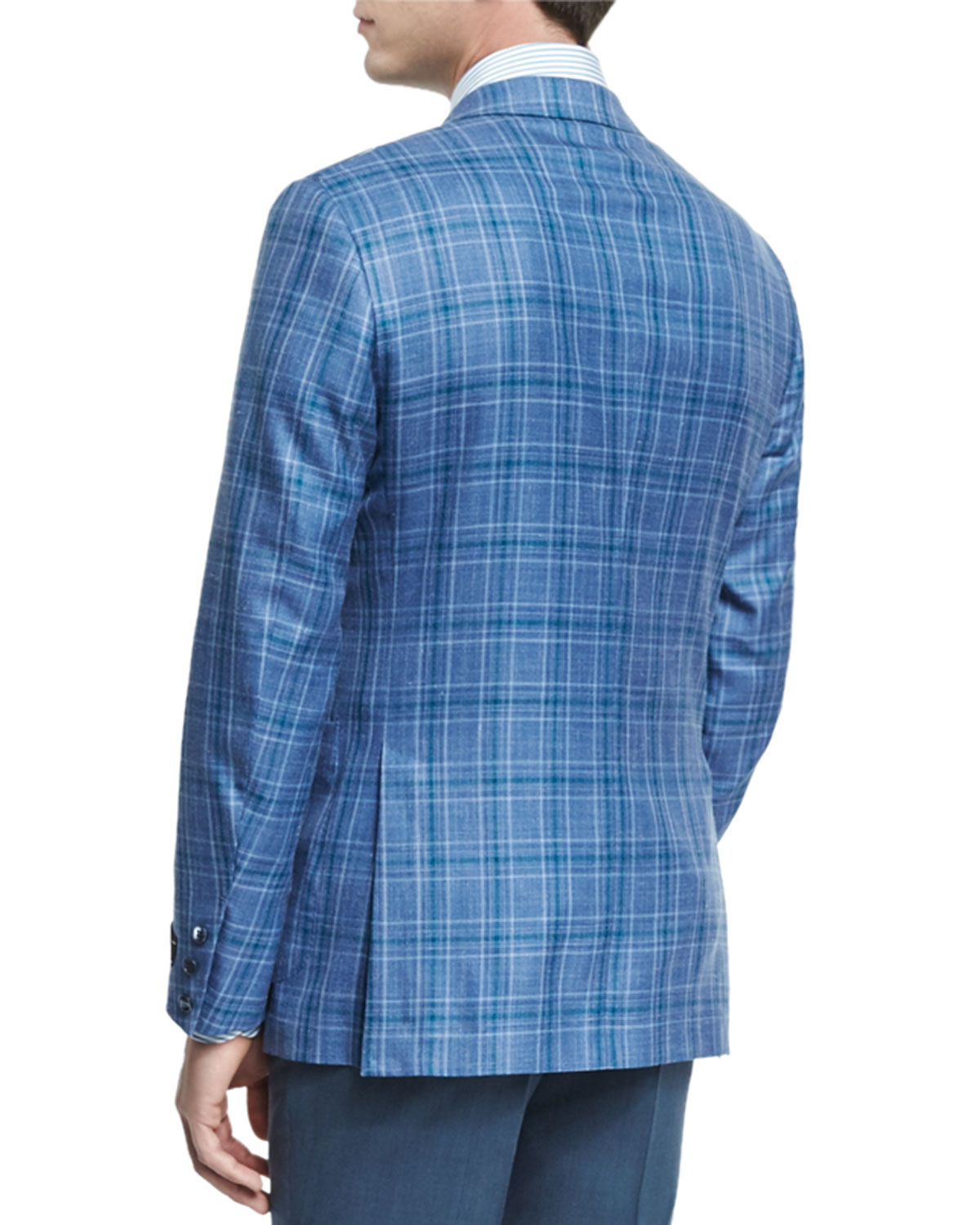 Plaid Two-Button Jacket, Light Blue/Green