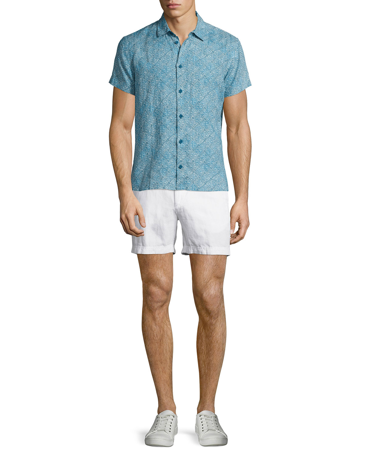 Batik-Print Short-Sleeve Linen Shirt, Teal