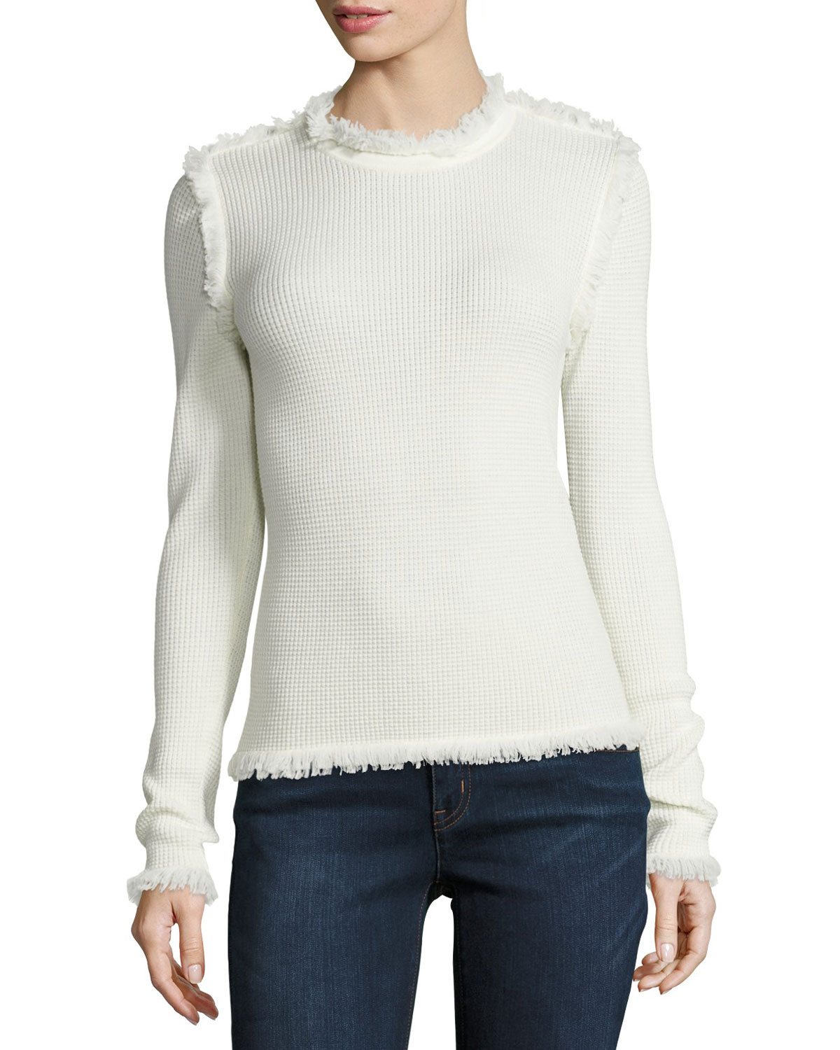 Fringe-Trim Waffle-Knit Sweater, Cream
