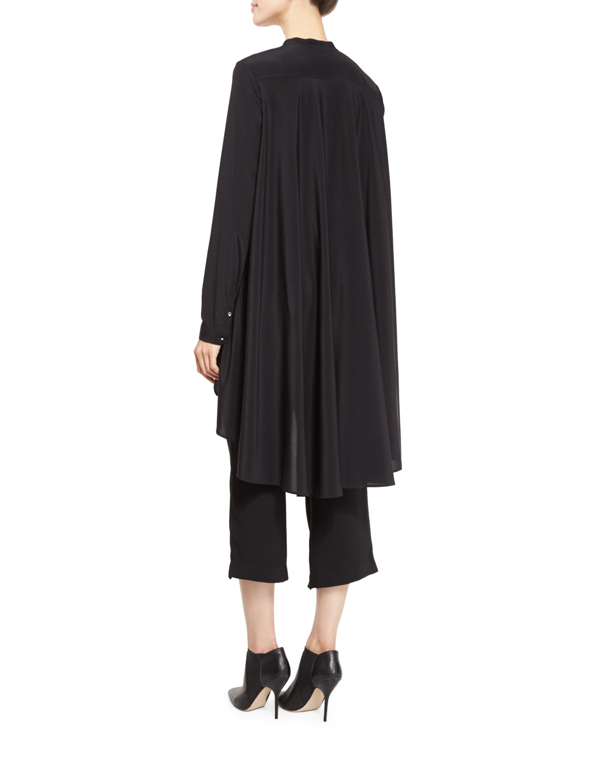 Long-Sleeve Button-Front Long Blouse, Black