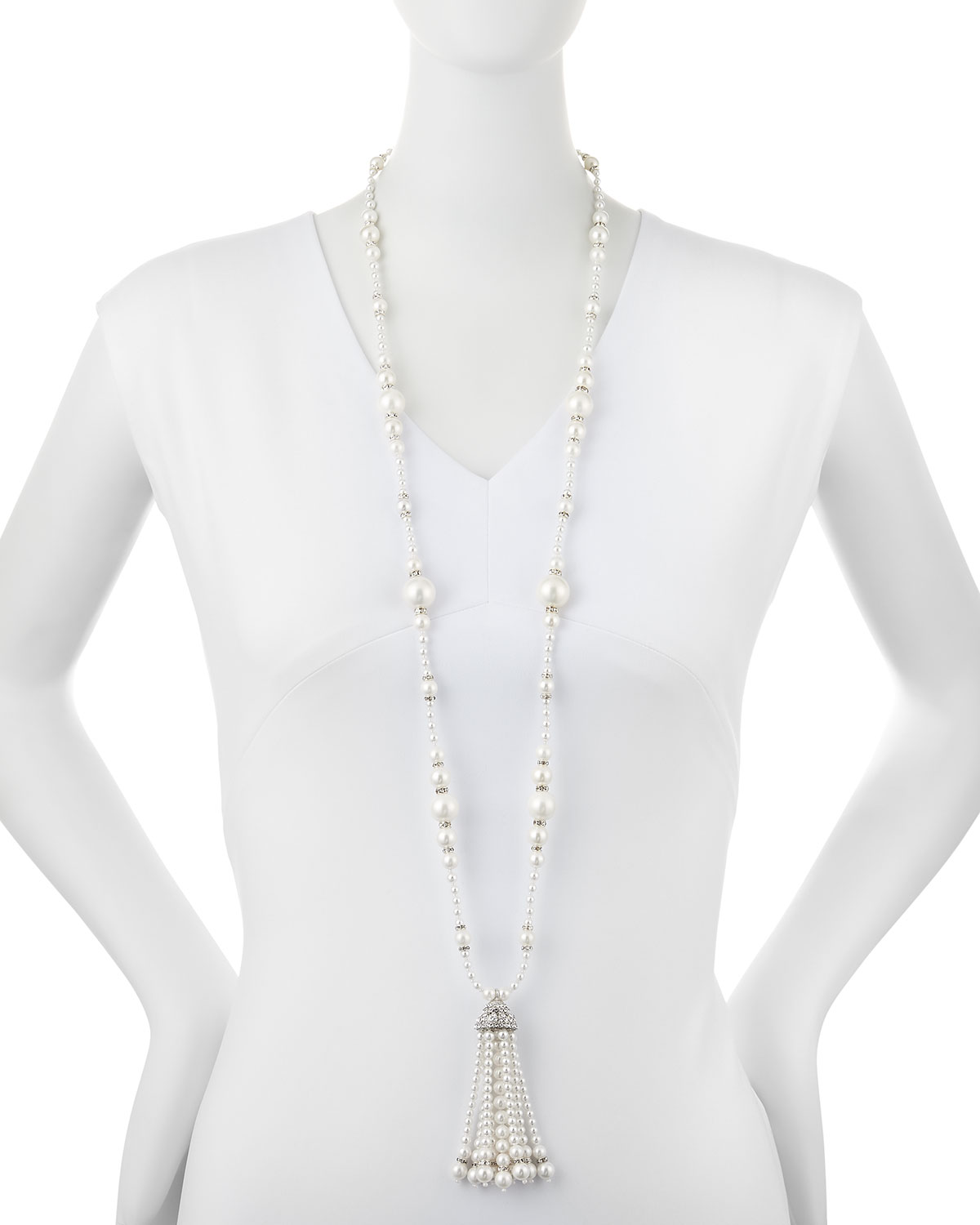 Long Simulated Pearl Tassel Necklace