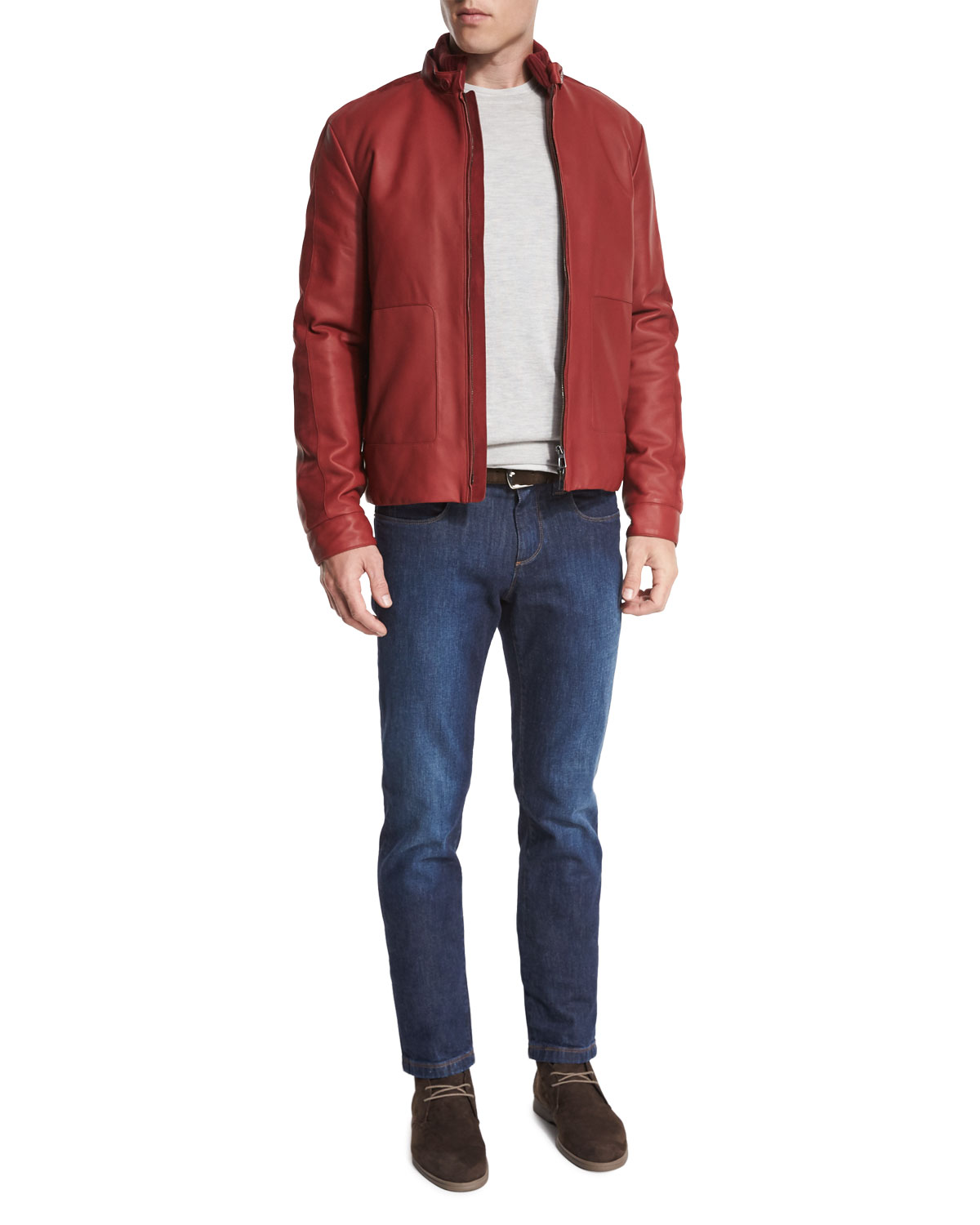 Leather Biker Jacket w/Suede Trim, Merlot