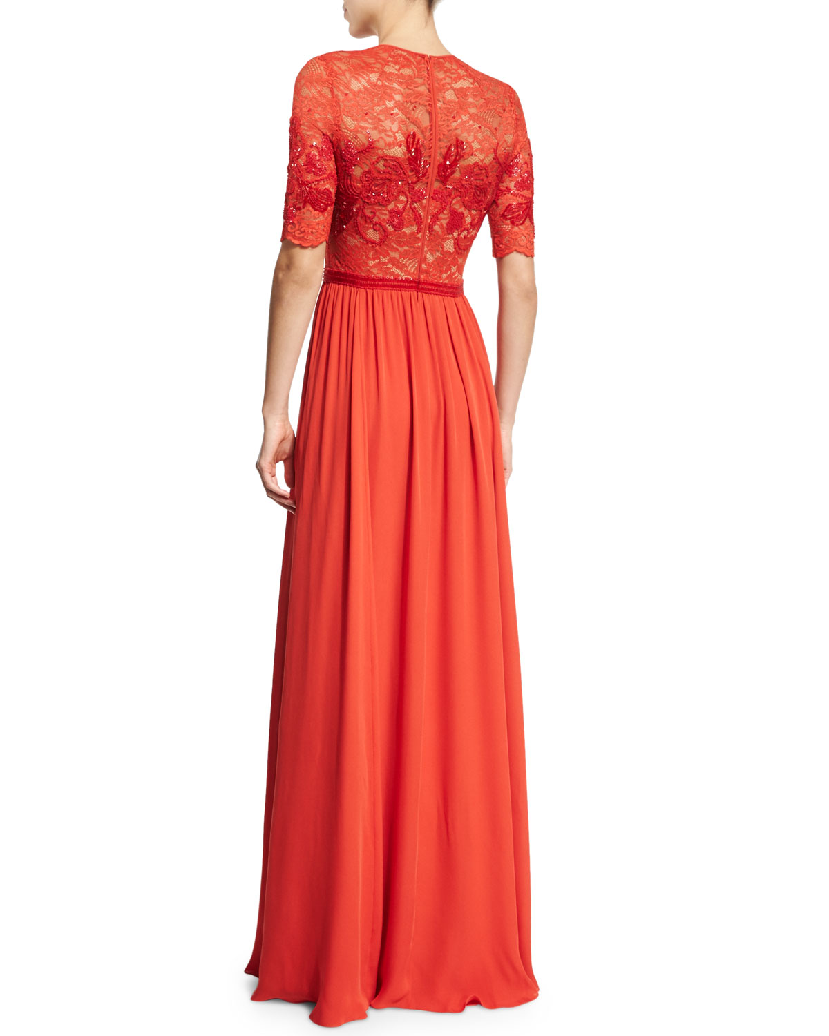 Elbow-Sleeve Embellished Gown, Pumpkin