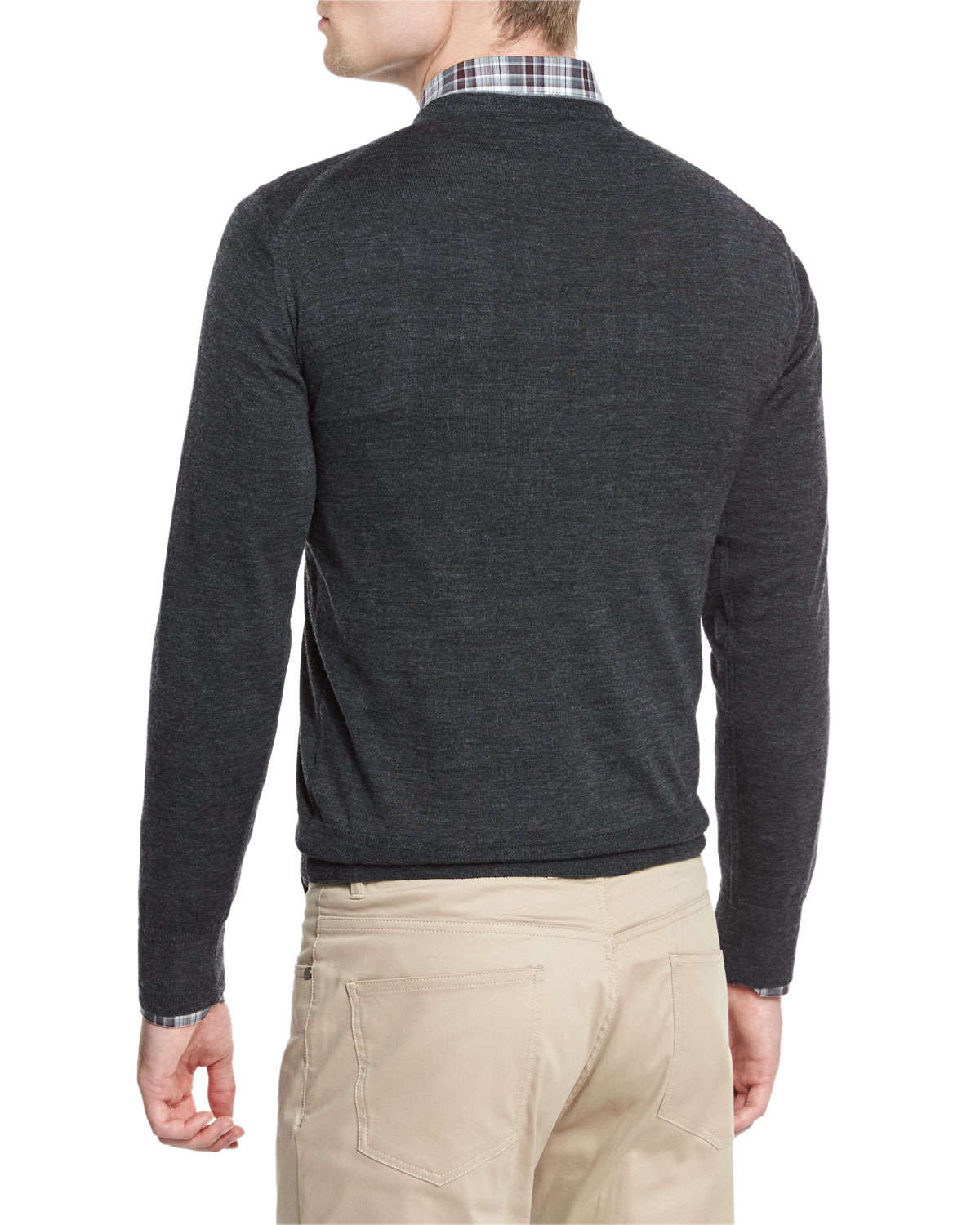 Collection Merino-Silk V-Neck Sweater, Iron Melange