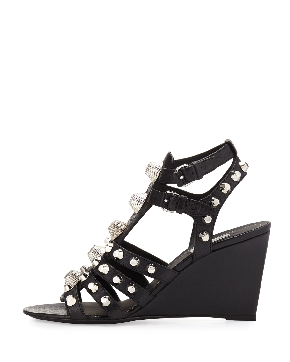 Studded Caged Wedge Sandal, Noir/Silver