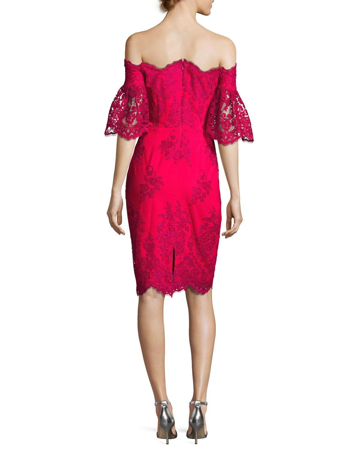 Off-the-Shoulder Lace Sheath Dress, Fuchsia