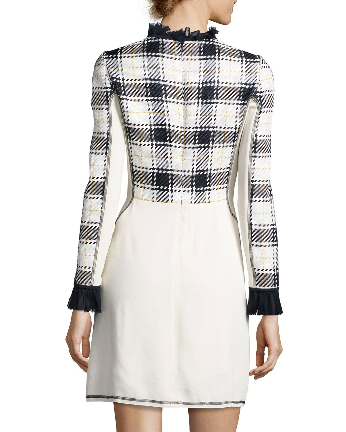 Long-Sleeve Surf Plaid Mini Dress, Midnight/Black/White