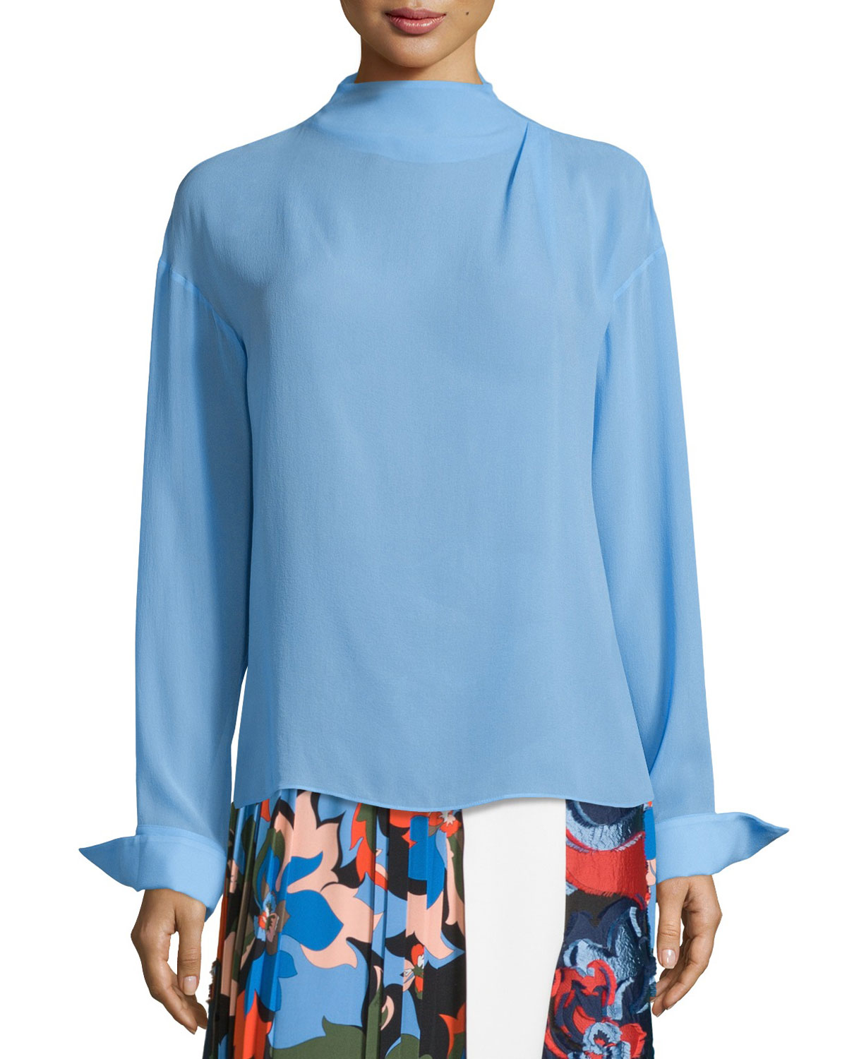 Long-Sleeve Silk Blouse, Cornflower Blue