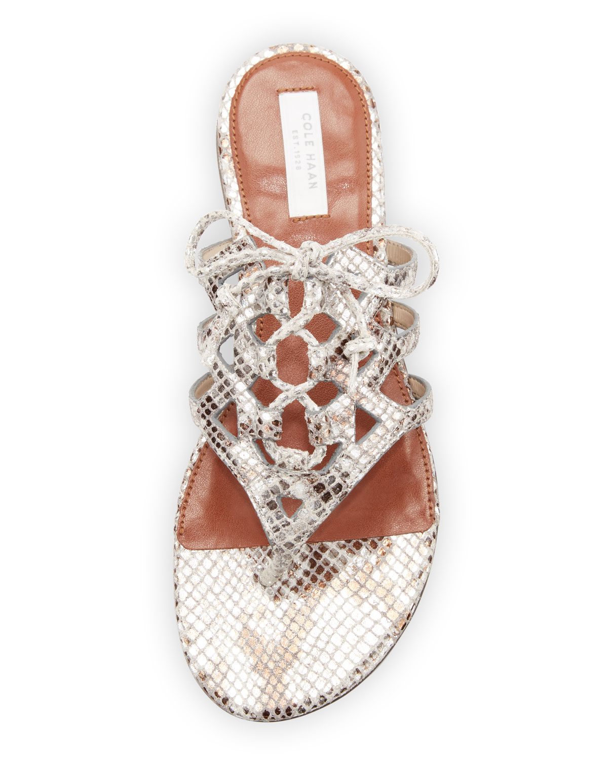 Claudia Snake-Embossed Lace-Up Thong Sandal, Python