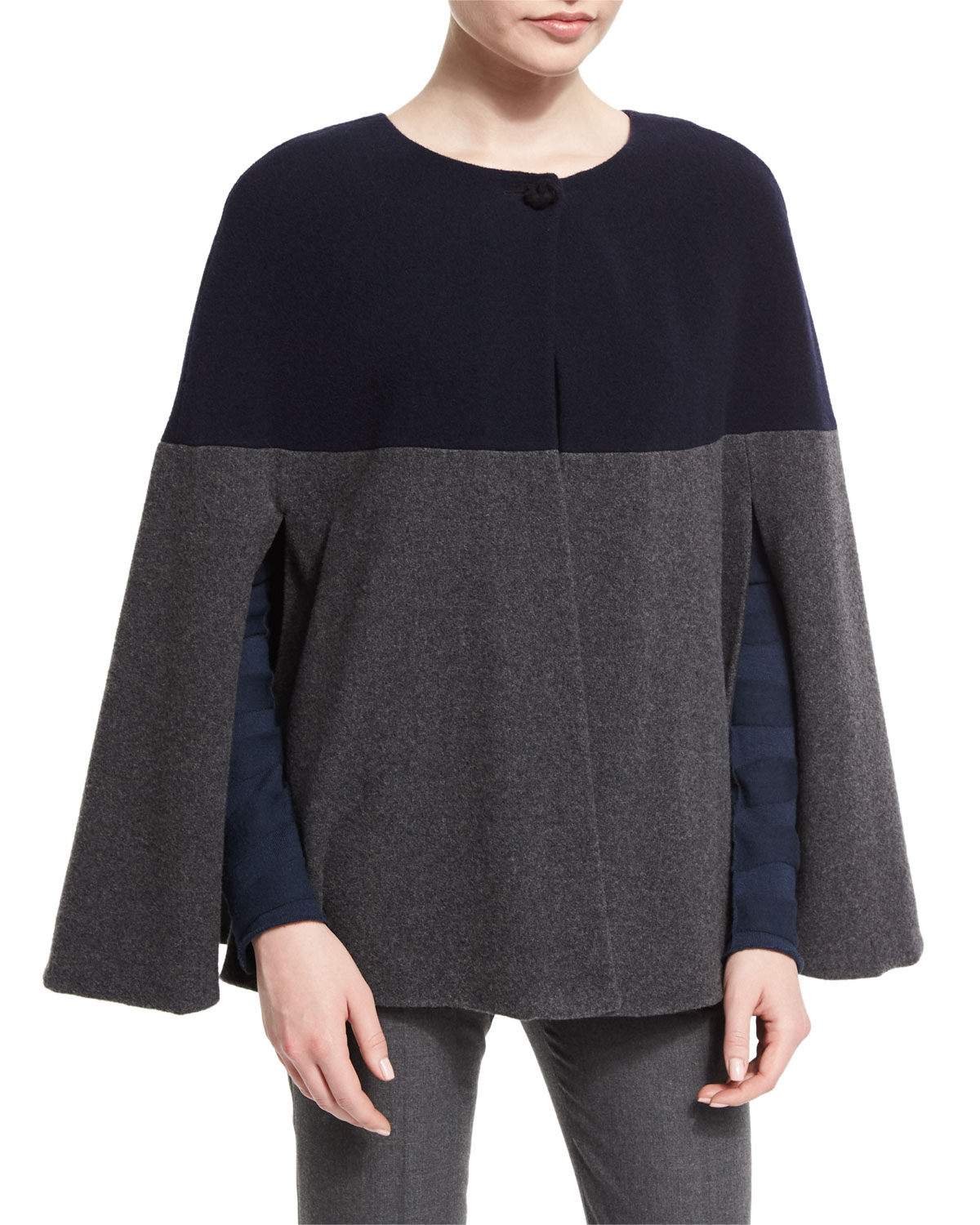 One-Button Colorblock Cape, Blue/Gray