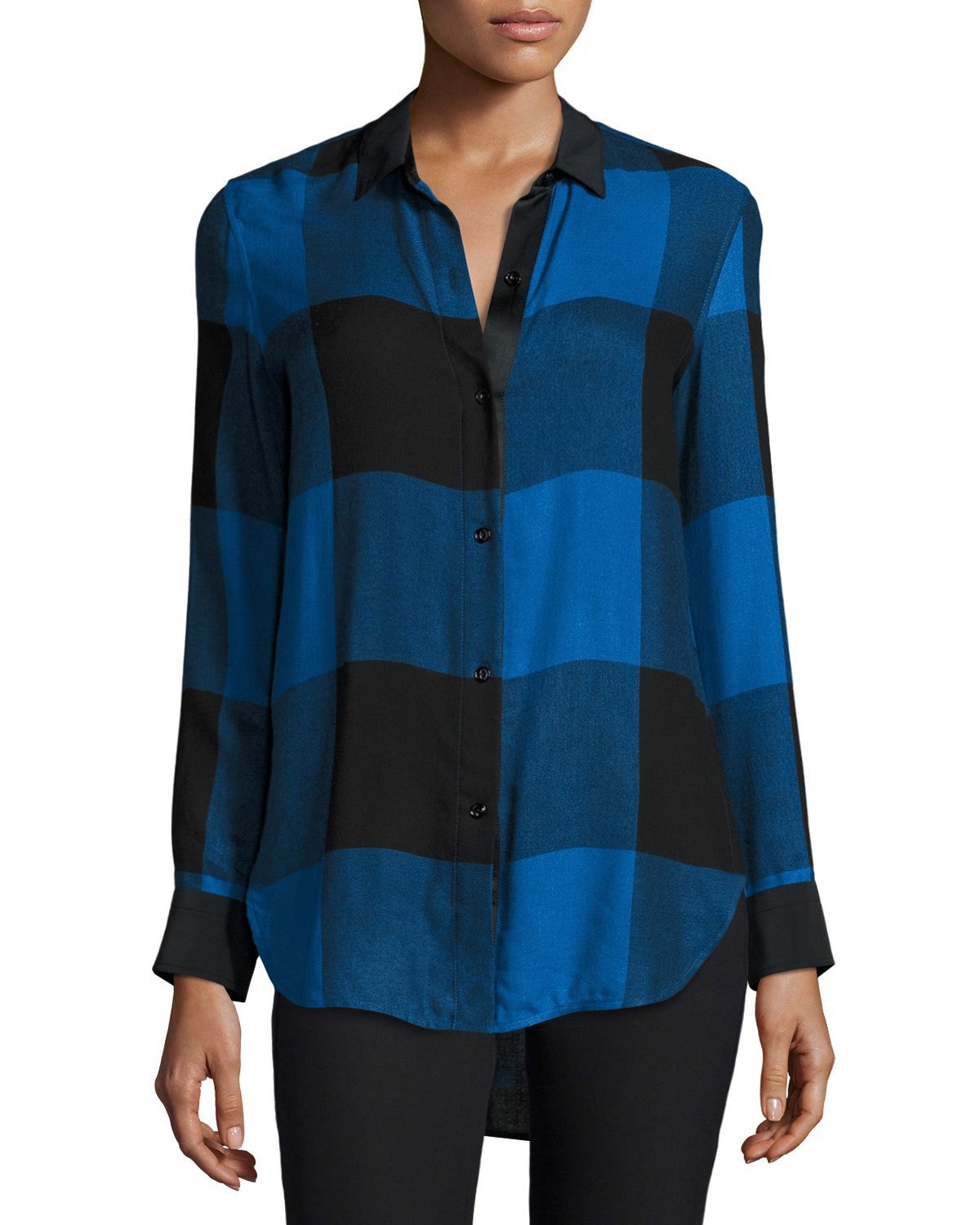 Danni Long-Sleeve Buffalo Check Blouse, Blue/Black